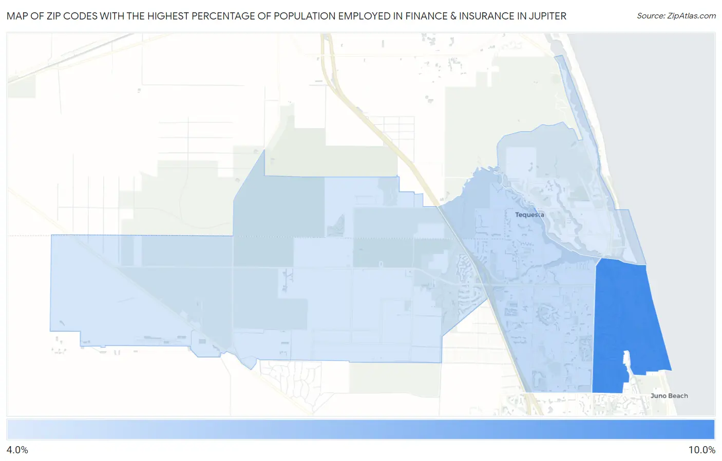 Zip Codes with the Highest Percentage of Population Employed in Finance & Insurance in Jupiter Map