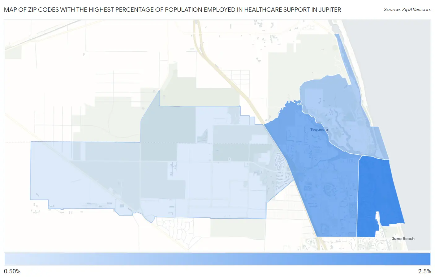 Zip Codes with the Highest Percentage of Population Employed in Healthcare Support in Jupiter Map