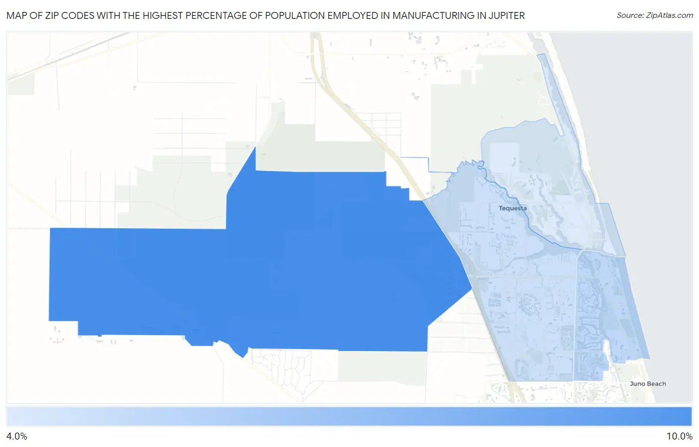 Zip Codes with the Highest Percentage of Population Employed in Manufacturing in Jupiter Map
