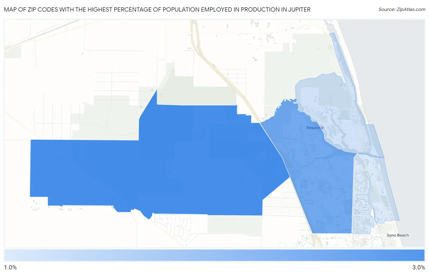 Zip Codes with the Highest Percentage of Population Employed in Production in Jupiter Map