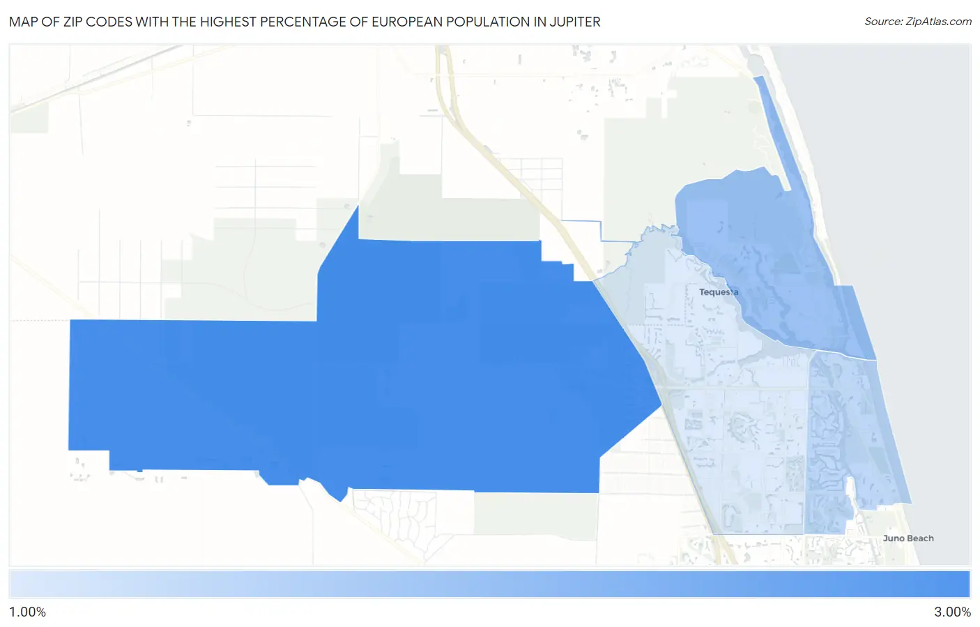 Zip Codes with the Highest Percentage of European Population in Jupiter Map