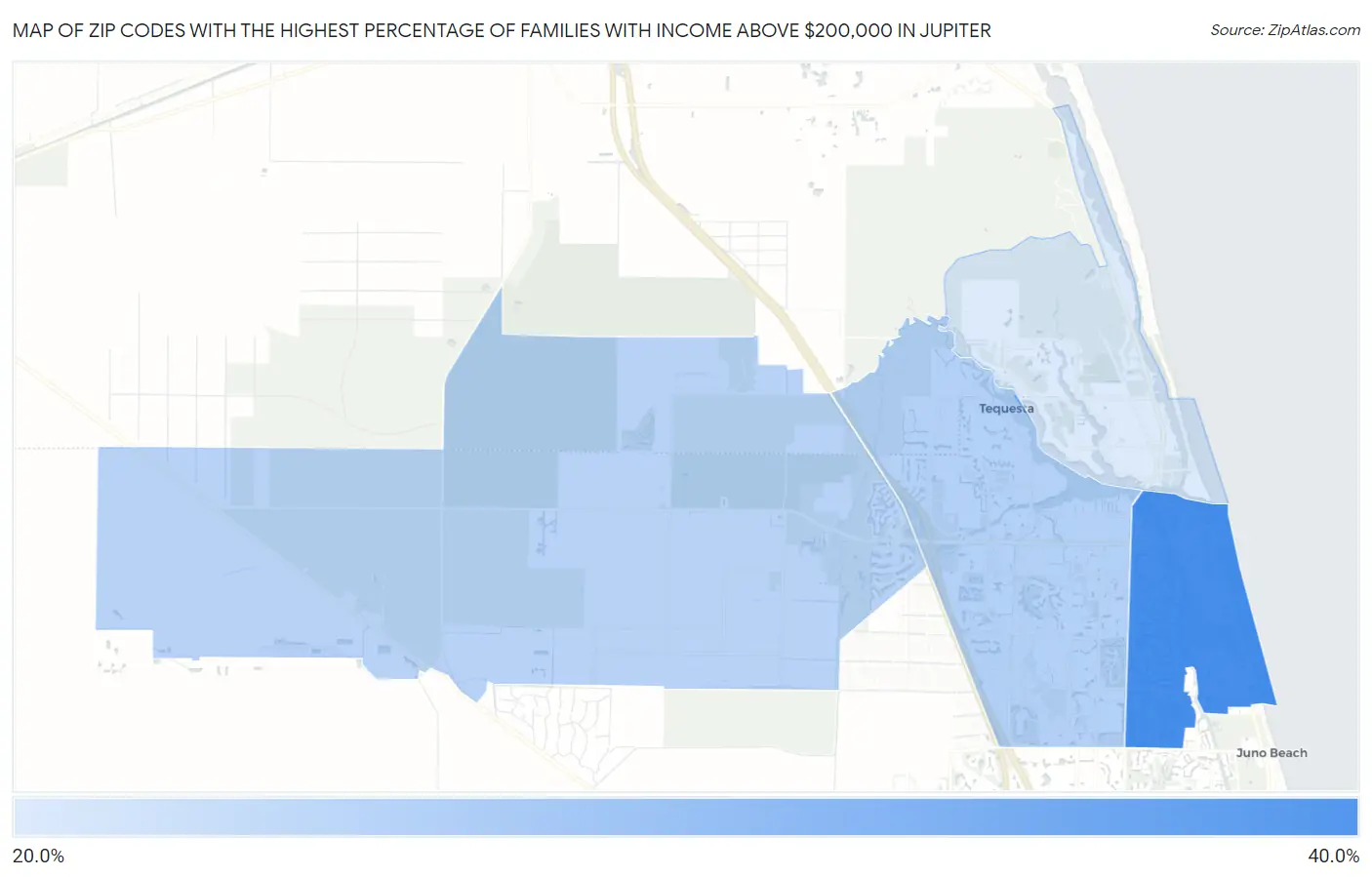 Zip Codes with the Highest Percentage of Families with Income Above $200,000 in Jupiter Map