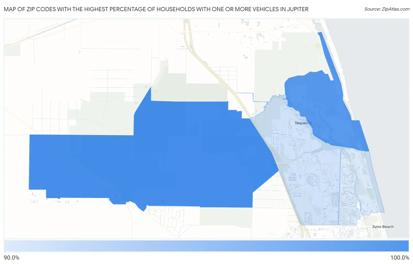 Zip Codes with the Highest Percentage of Households With One or more Vehicles in Jupiter Map