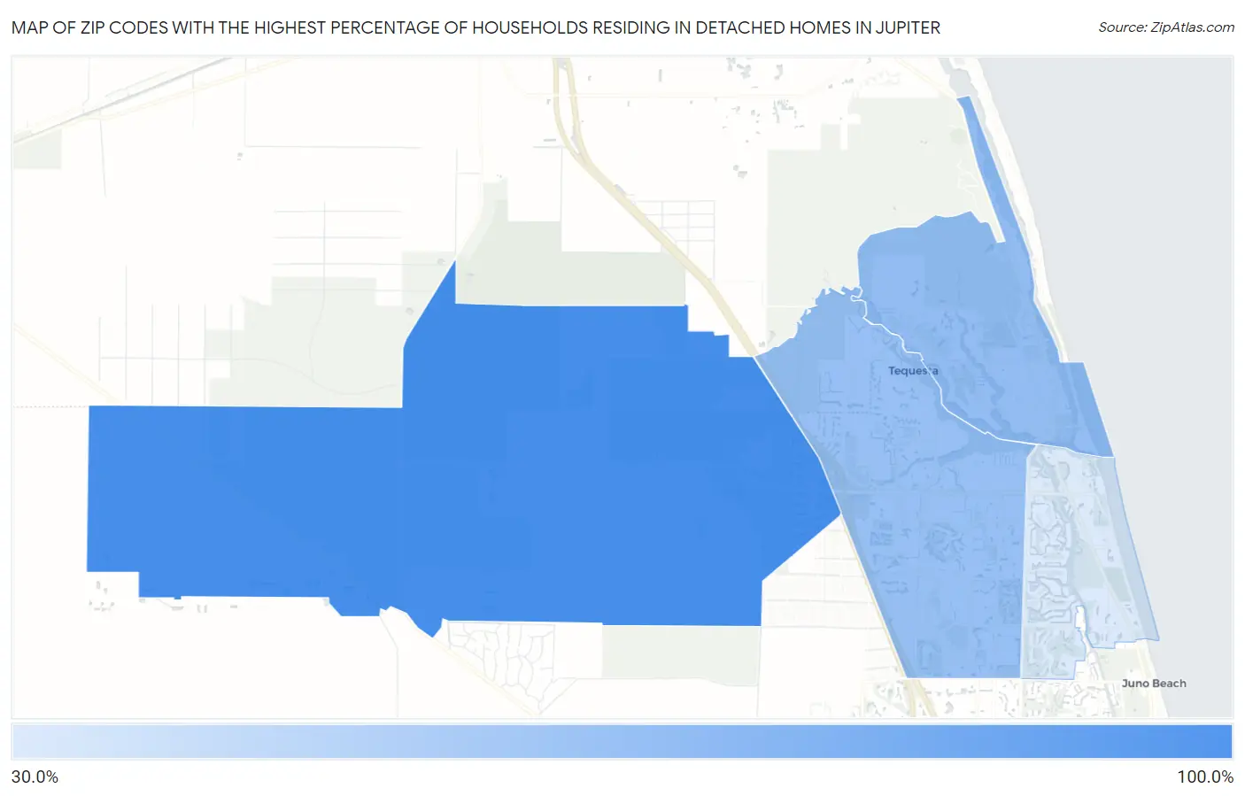 Zip Codes with the Highest Percentage of Households Residing in Detached Homes in Jupiter Map