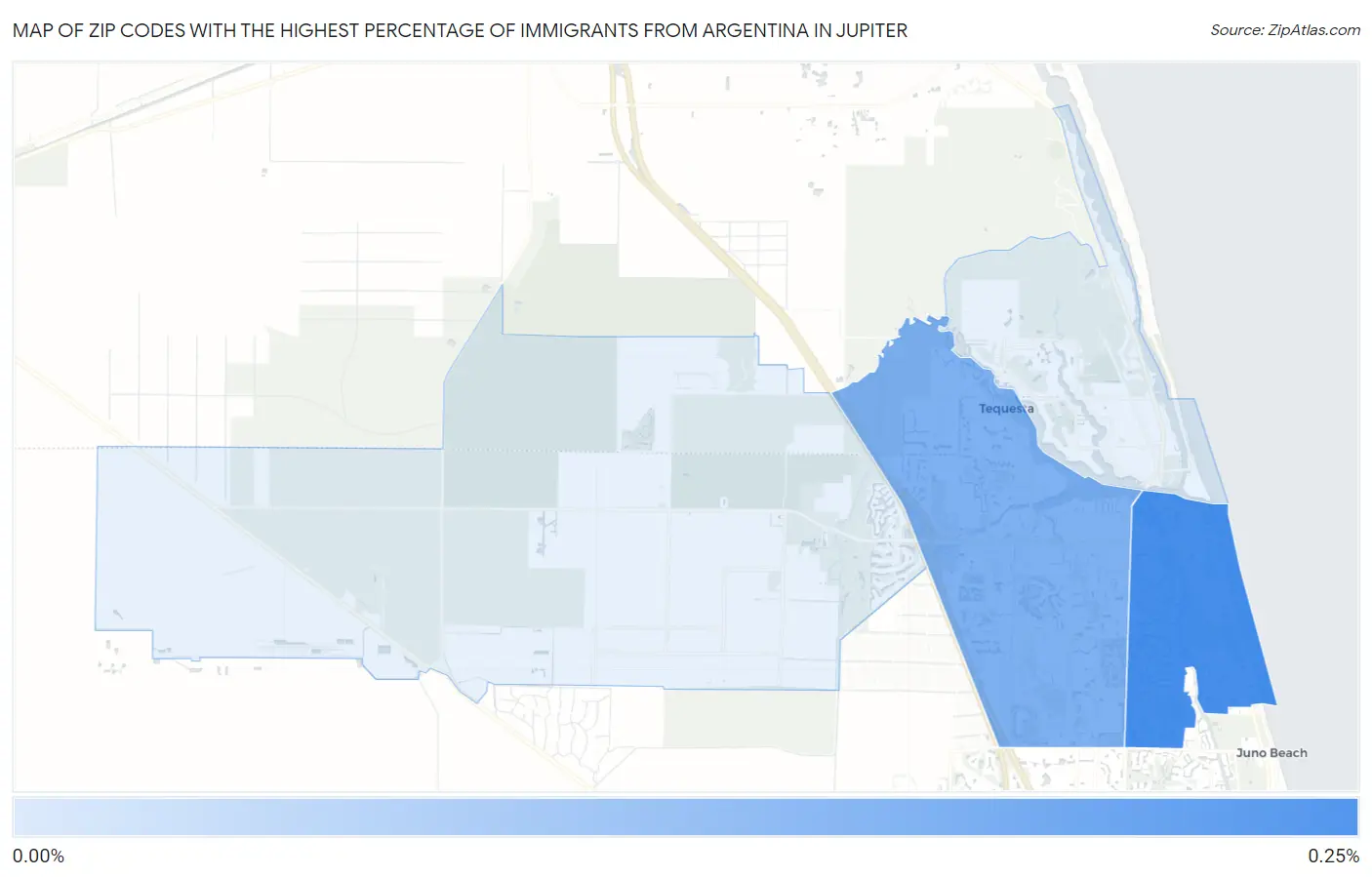 Zip Codes with the Highest Percentage of Immigrants from Argentina in Jupiter Map