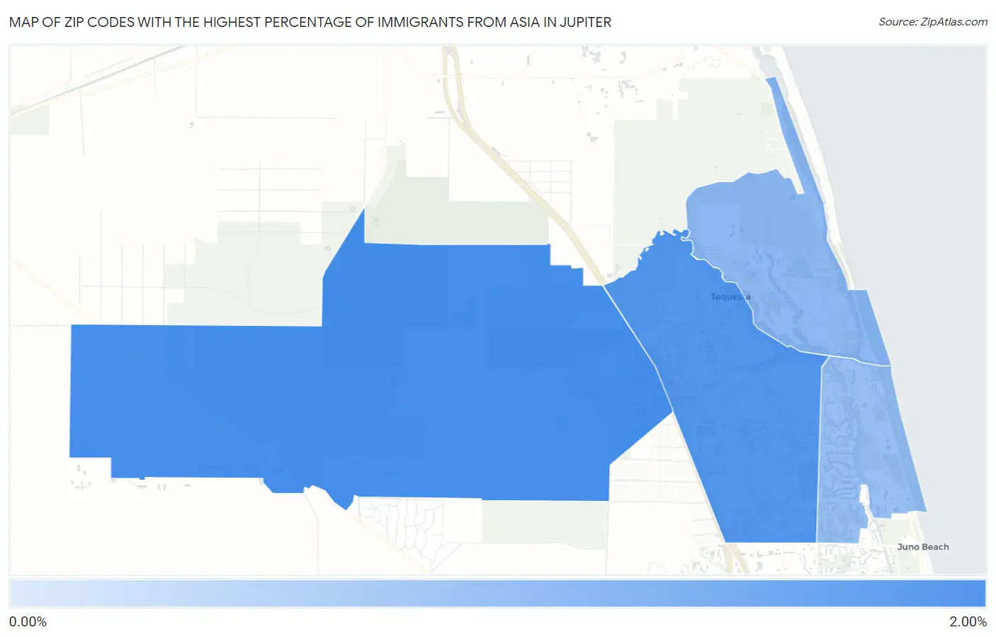 Zip Codes with the Highest Percentage of Immigrants from Asia in Jupiter Map