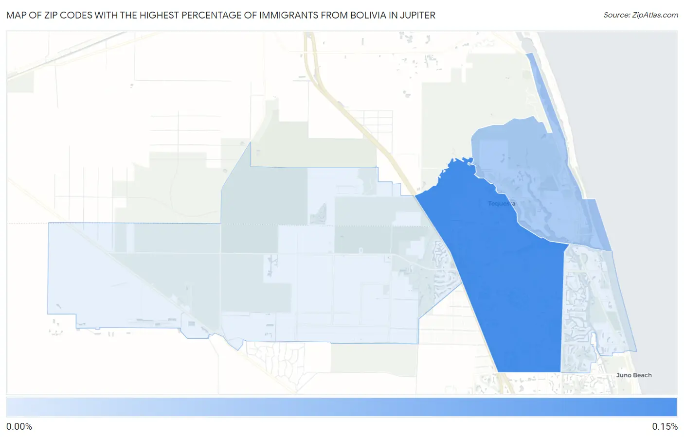 Zip Codes with the Highest Percentage of Immigrants from Bolivia in Jupiter Map