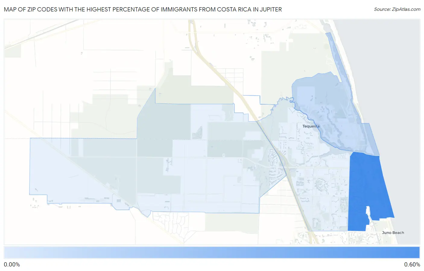 Zip Codes with the Highest Percentage of Immigrants from Costa Rica in Jupiter Map