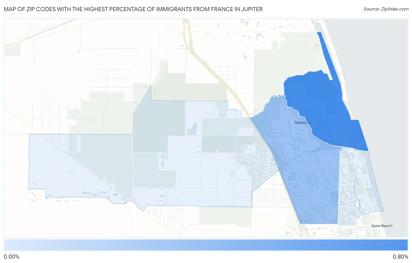 Zip Codes with the Highest Percentage of Immigrants from France in Jupiter Map