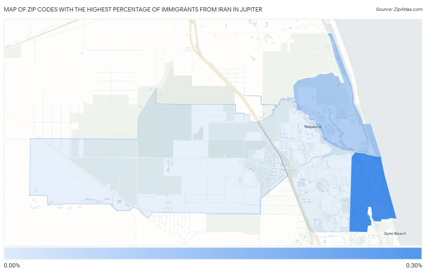 Zip Codes with the Highest Percentage of Immigrants from Iran in Jupiter Map