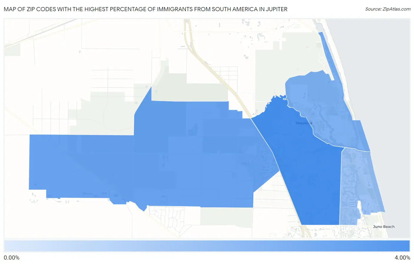 Zip Codes with the Highest Percentage of Immigrants from South America in Jupiter Map