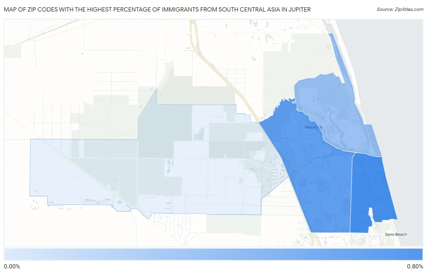 Zip Codes with the Highest Percentage of Immigrants from South Central Asia in Jupiter Map