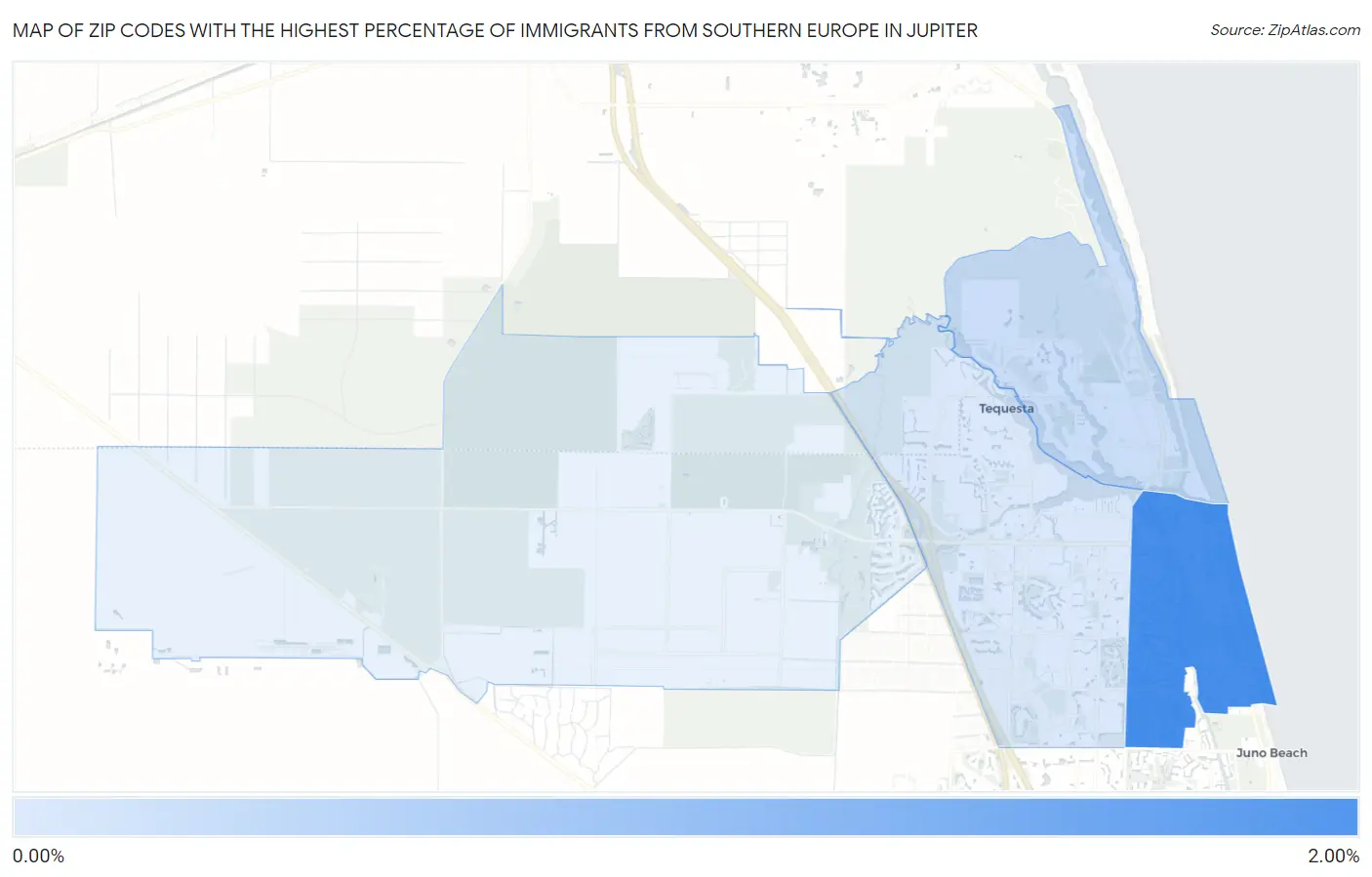 Zip Codes with the Highest Percentage of Immigrants from Southern Europe in Jupiter Map