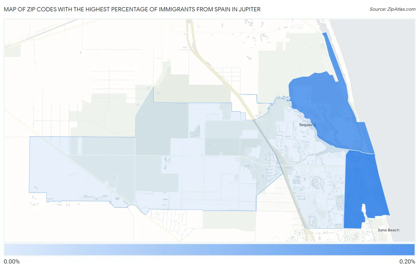 Zip Codes with the Highest Percentage of Immigrants from Spain in Jupiter Map