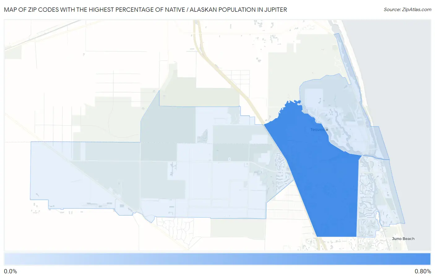 Zip Codes with the Highest Percentage of Native / Alaskan Population in Jupiter Map