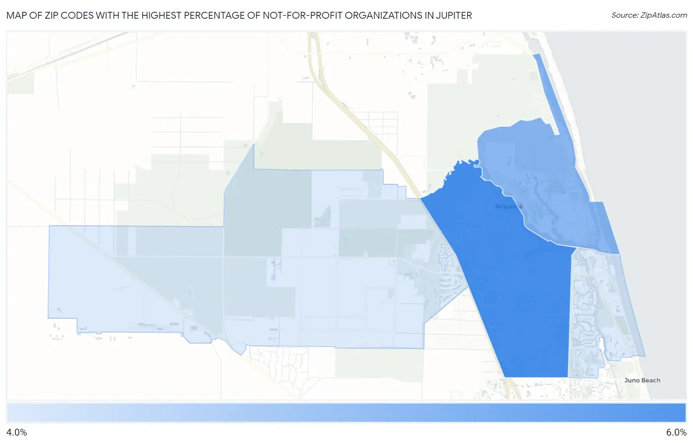 Zip Codes with the Highest Percentage of Not-for-profit Organizations in Jupiter Map