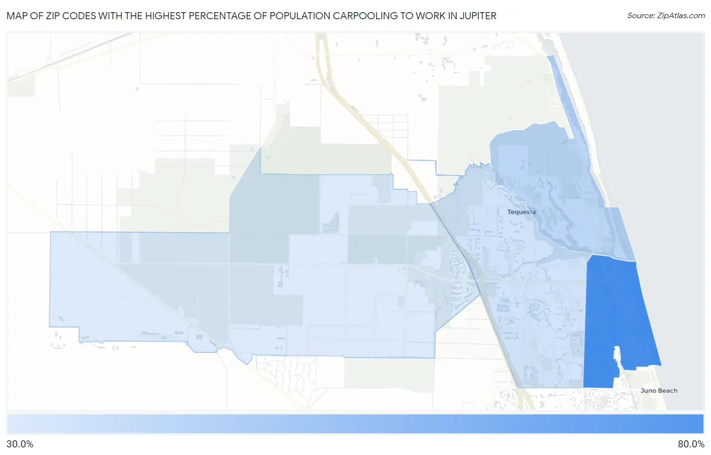 Zip Codes with the Highest Percentage of Population Carpooling to Work in Jupiter Map