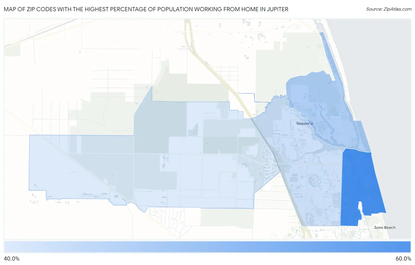 Zip Codes with the Highest Percentage of Population Working from Home in Jupiter Map