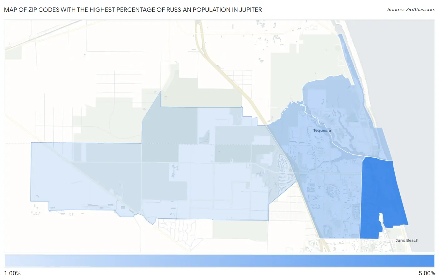 Zip Codes with the Highest Percentage of Russian Population in Jupiter Map