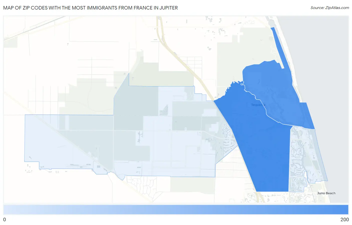 Zip Codes with the Most Immigrants from France in Jupiter Map