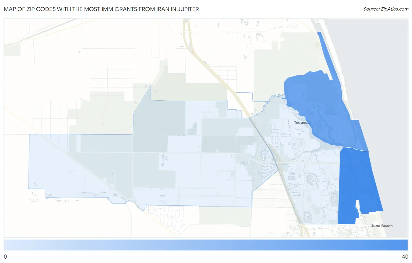 Zip Codes with the Most Immigrants from Iran in Jupiter Map