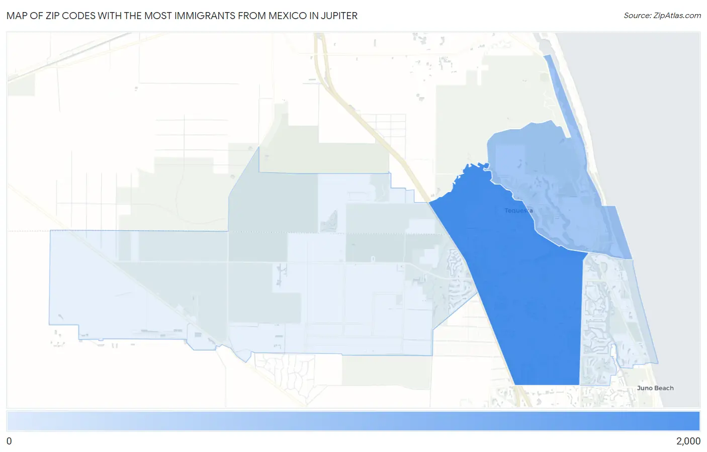 Zip Codes with the Most Immigrants from Mexico in Jupiter Map