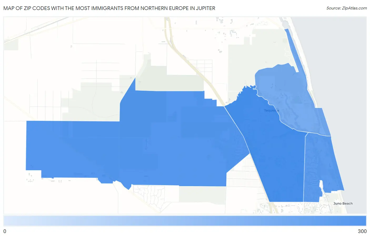 Zip Codes with the Most Immigrants from Northern Europe in Jupiter Map