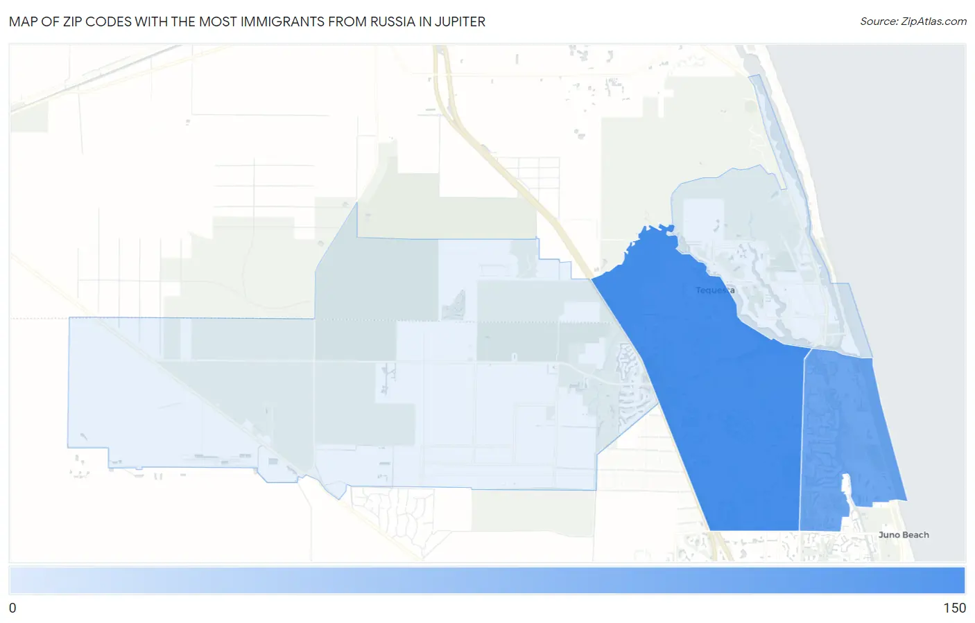 Zip Codes with the Most Immigrants from Russia in Jupiter Map