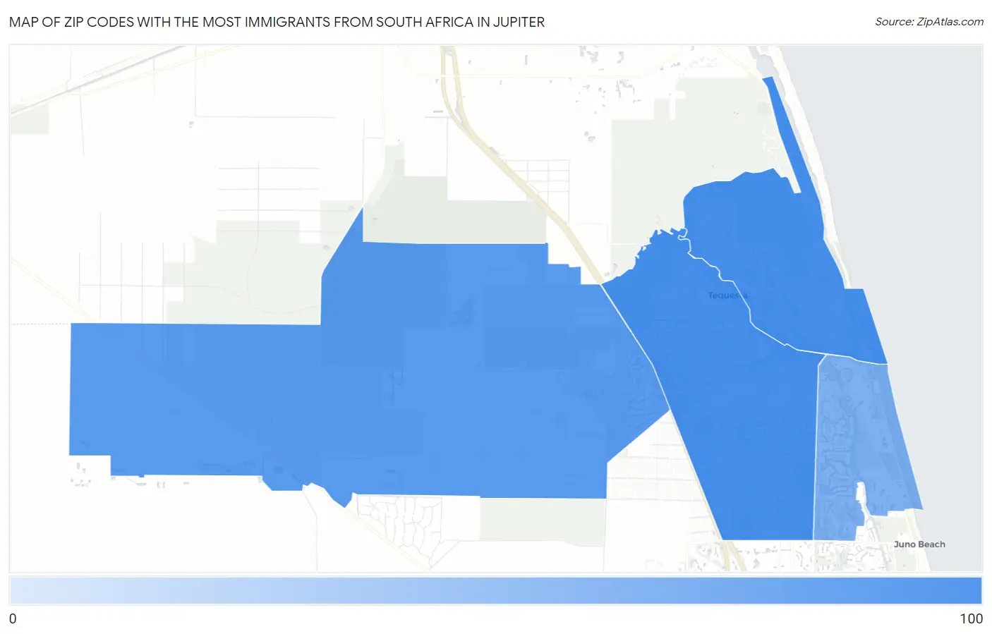 Zip Codes with the Most Immigrants from South Africa in Jupiter Map