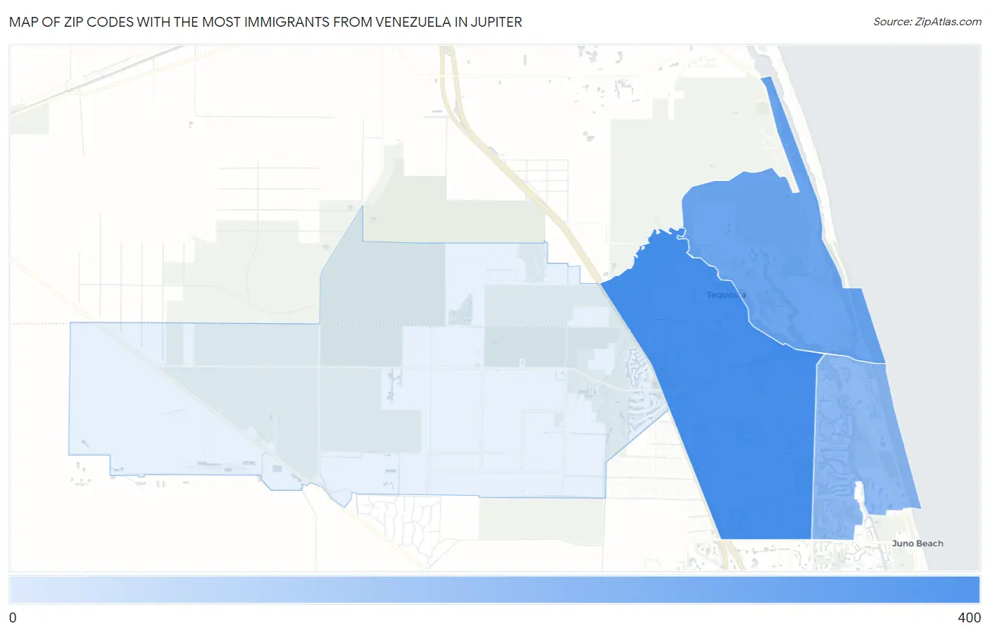 Zip Codes with the Most Immigrants from Venezuela in Jupiter Map