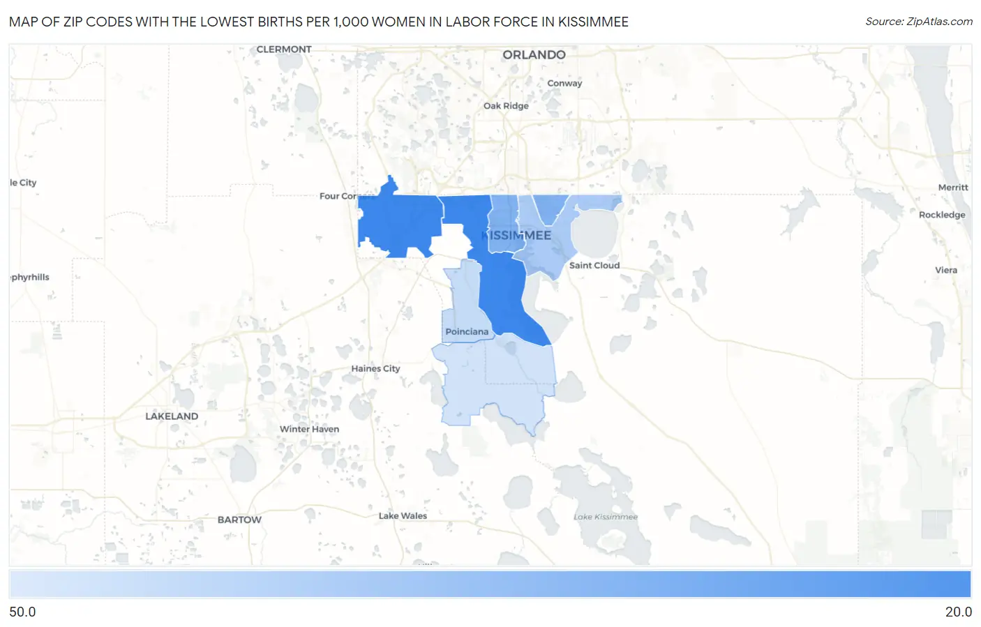 Zip Codes with the Lowest Births per 1,000 Women in Labor Force in Kissimmee Map