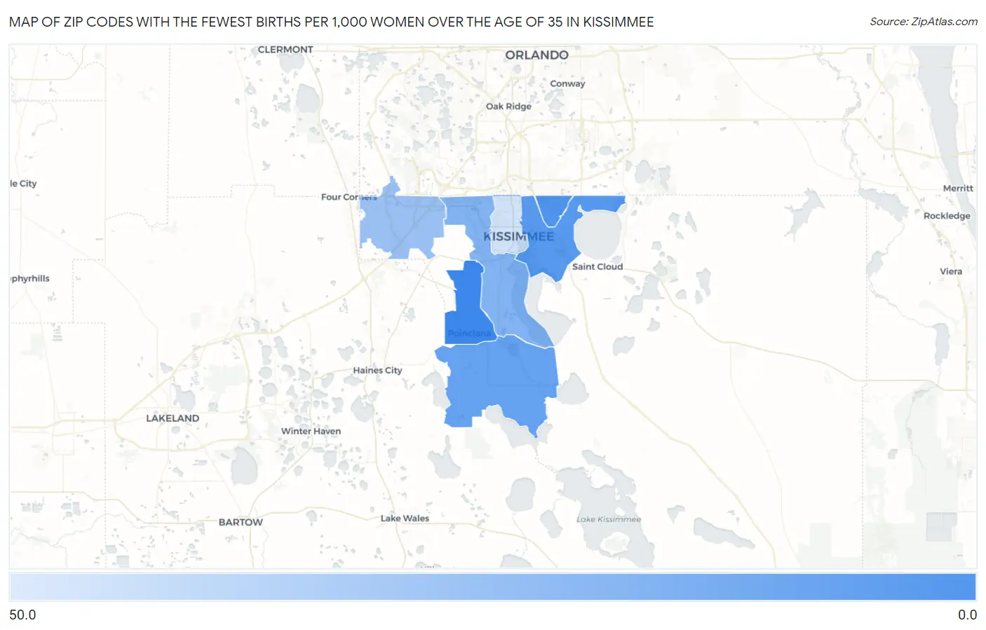 Zip Codes with the Fewest Births per 1,000 Women Over the Age of 35 in Kissimmee Map