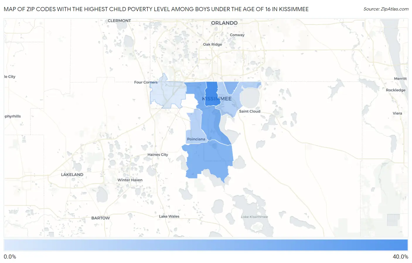 Zip Codes with the Highest Child Poverty Level Among Boys Under the Age of 16 in Kissimmee Map