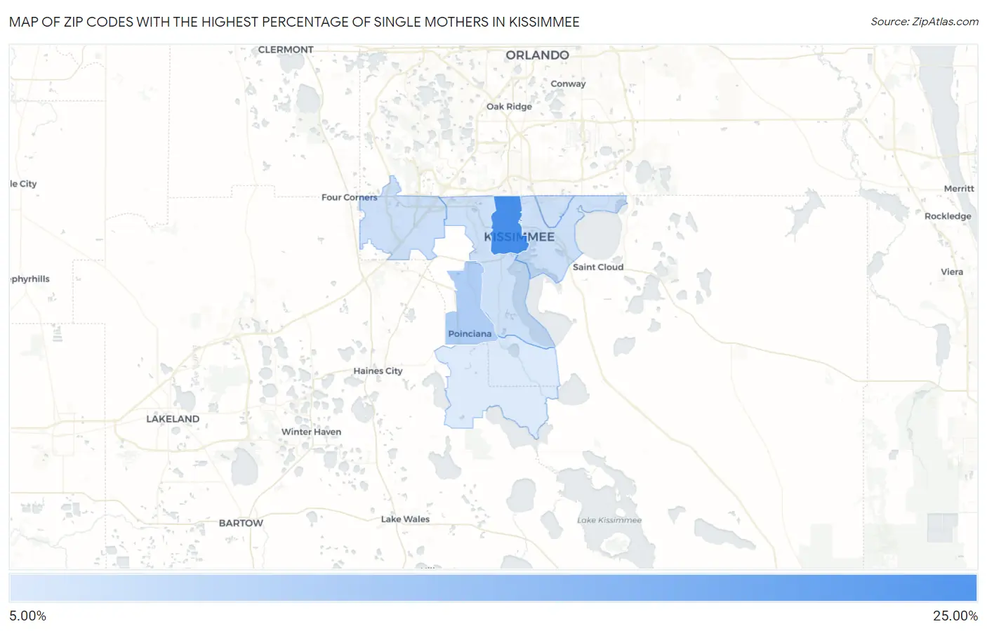 Zip Codes with the Highest Percentage of Single Mothers in Kissimmee Map