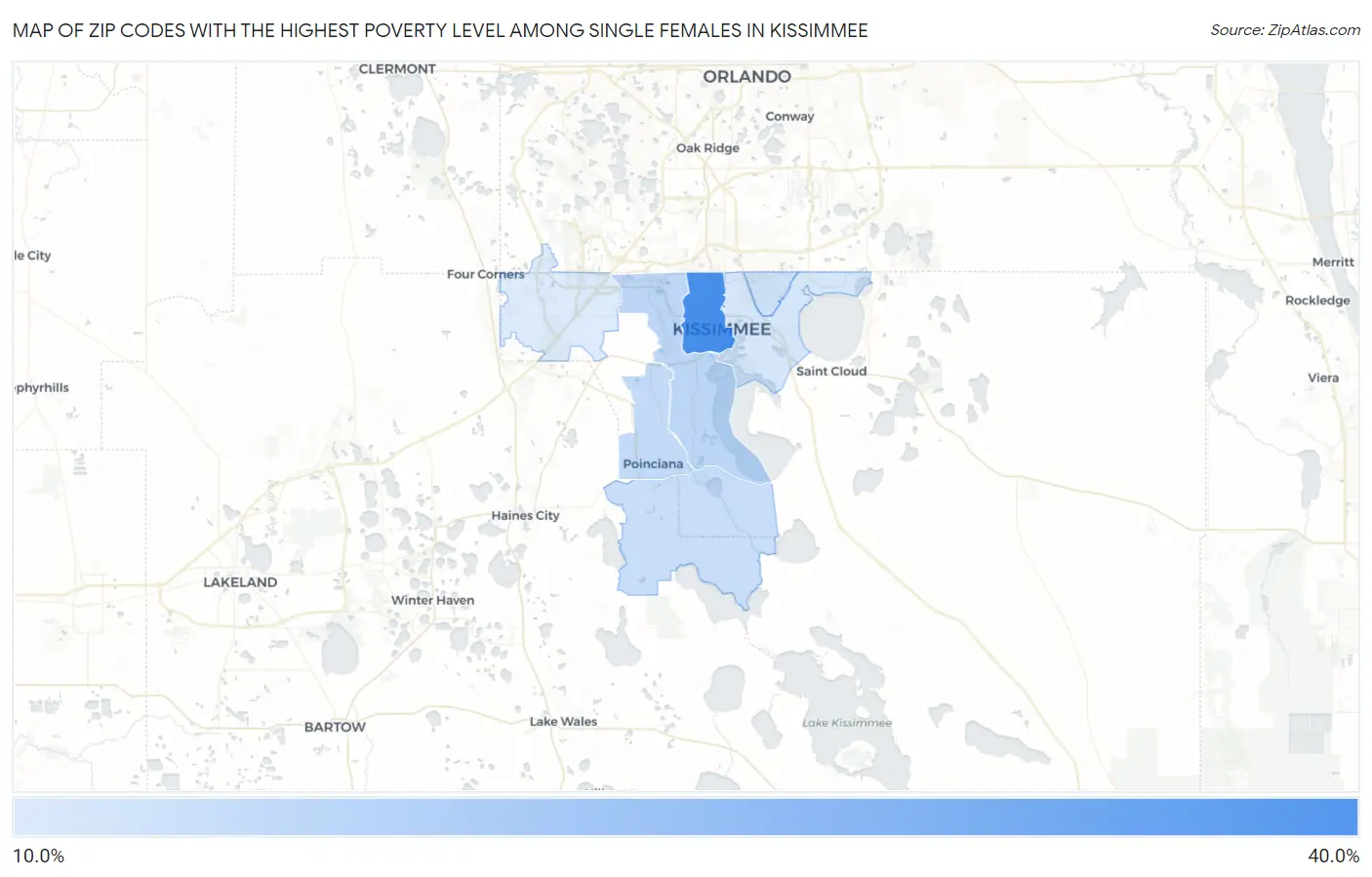 Zip Codes with the Highest Poverty Level Among Single Females in Kissimmee Map