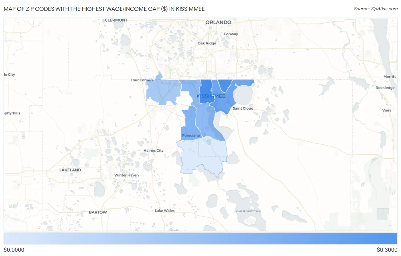 Zip Codes with the Highest Wage/Income Gap ($) in Kissimmee Map