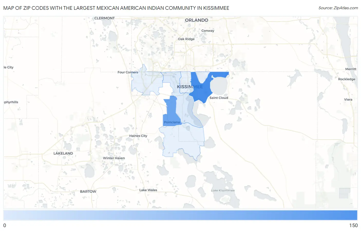 Zip Codes with the Largest Mexican American Indian Community in Kissimmee Map