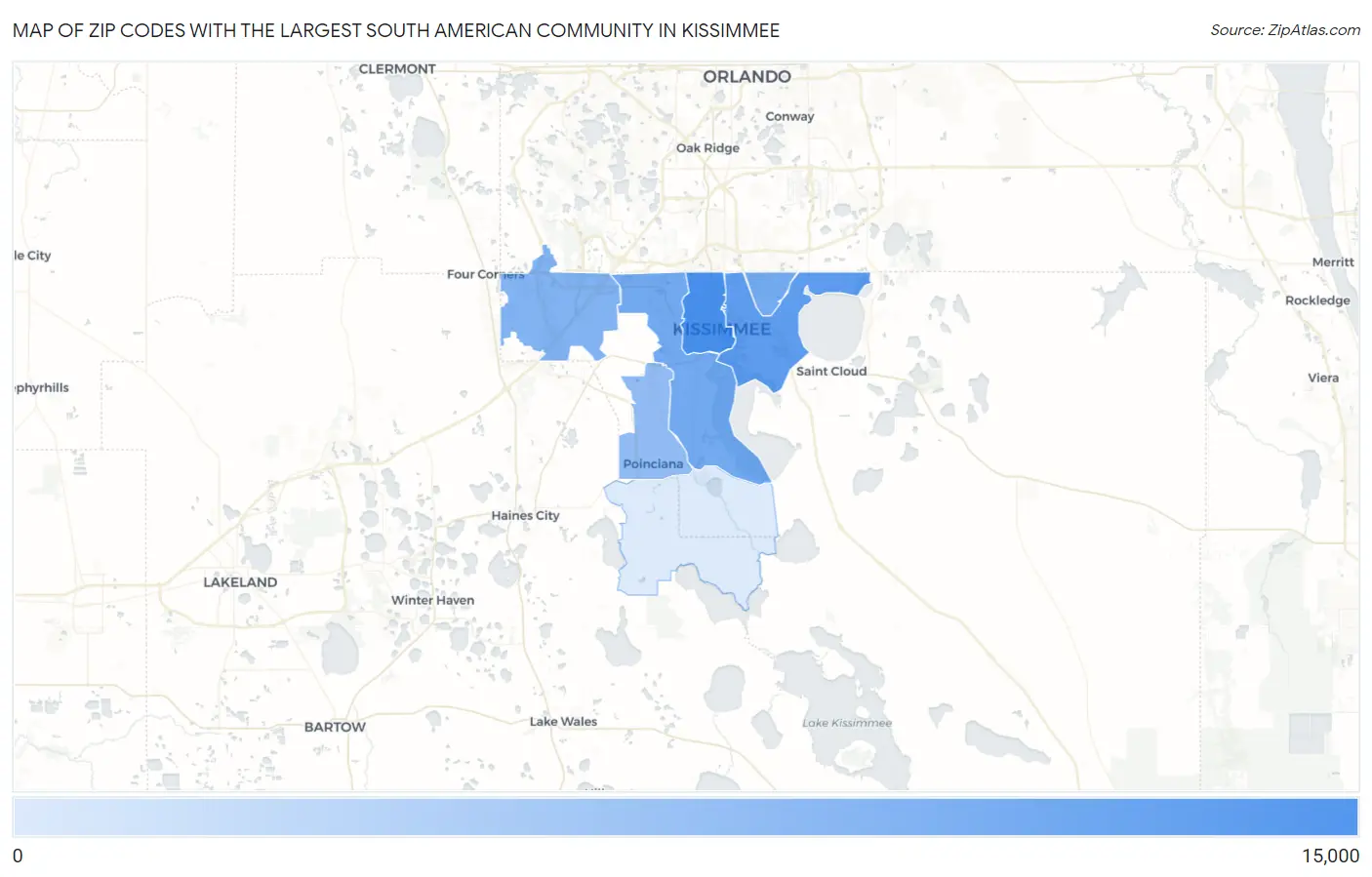Zip Codes with the Largest South American Community in Kissimmee Map
