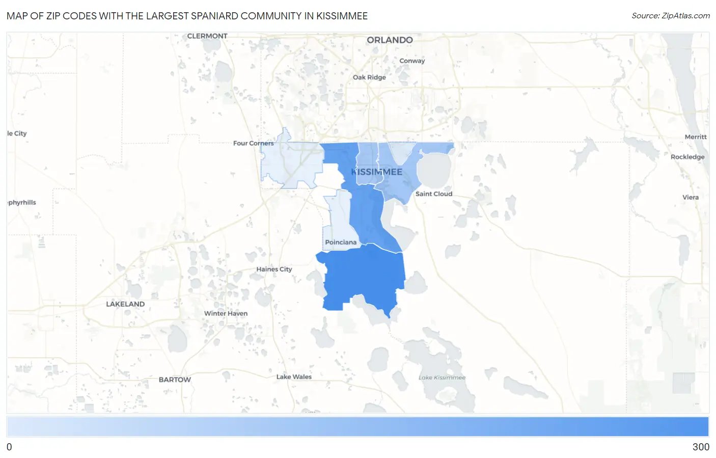 Zip Codes with the Largest Spaniard Community in Kissimmee Map