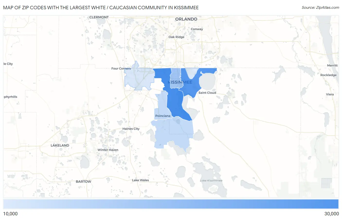 Zip Codes with the Largest White / Caucasian Community in Kissimmee Map