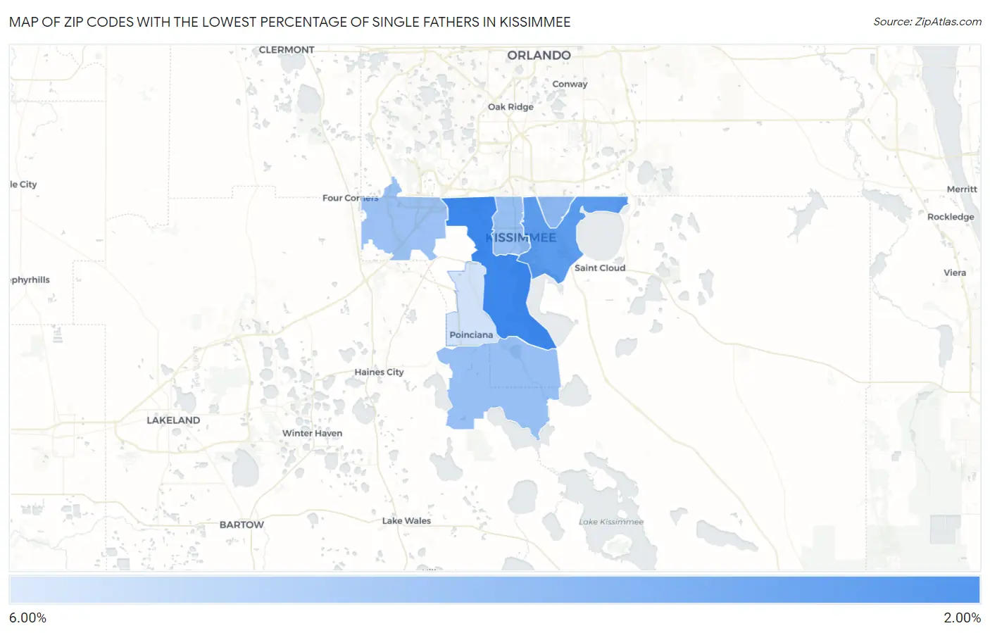 Zip Codes with the Lowest Percentage of Single Fathers in Kissimmee Map