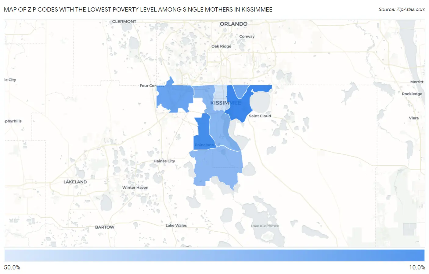Zip Codes with the Lowest Poverty Level Among Single Mothers in Kissimmee Map