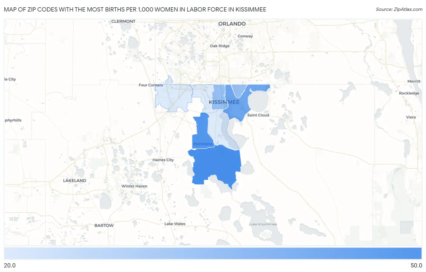 Zip Codes with the Most Births per 1,000 Women in Labor Force in Kissimmee Map