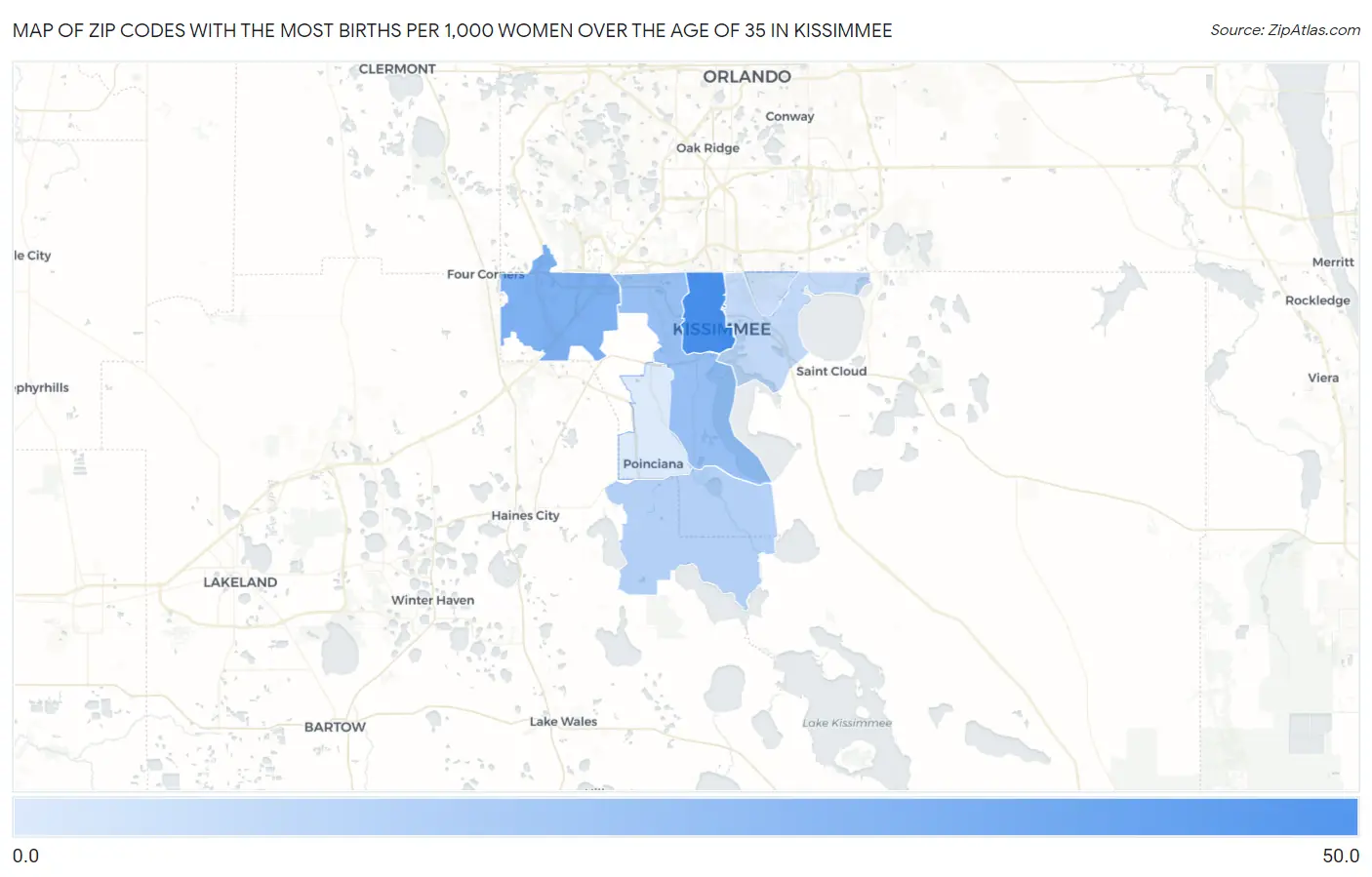 Zip Codes with the Most Births per 1,000 Women Over the Age of 35 in Kissimmee Map