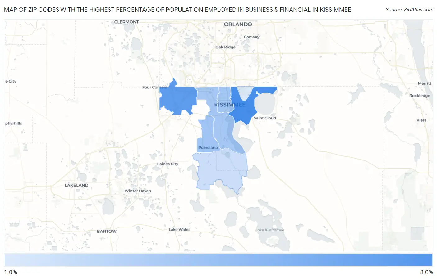 Zip Codes with the Highest Percentage of Population Employed in Business & Financial in Kissimmee Map