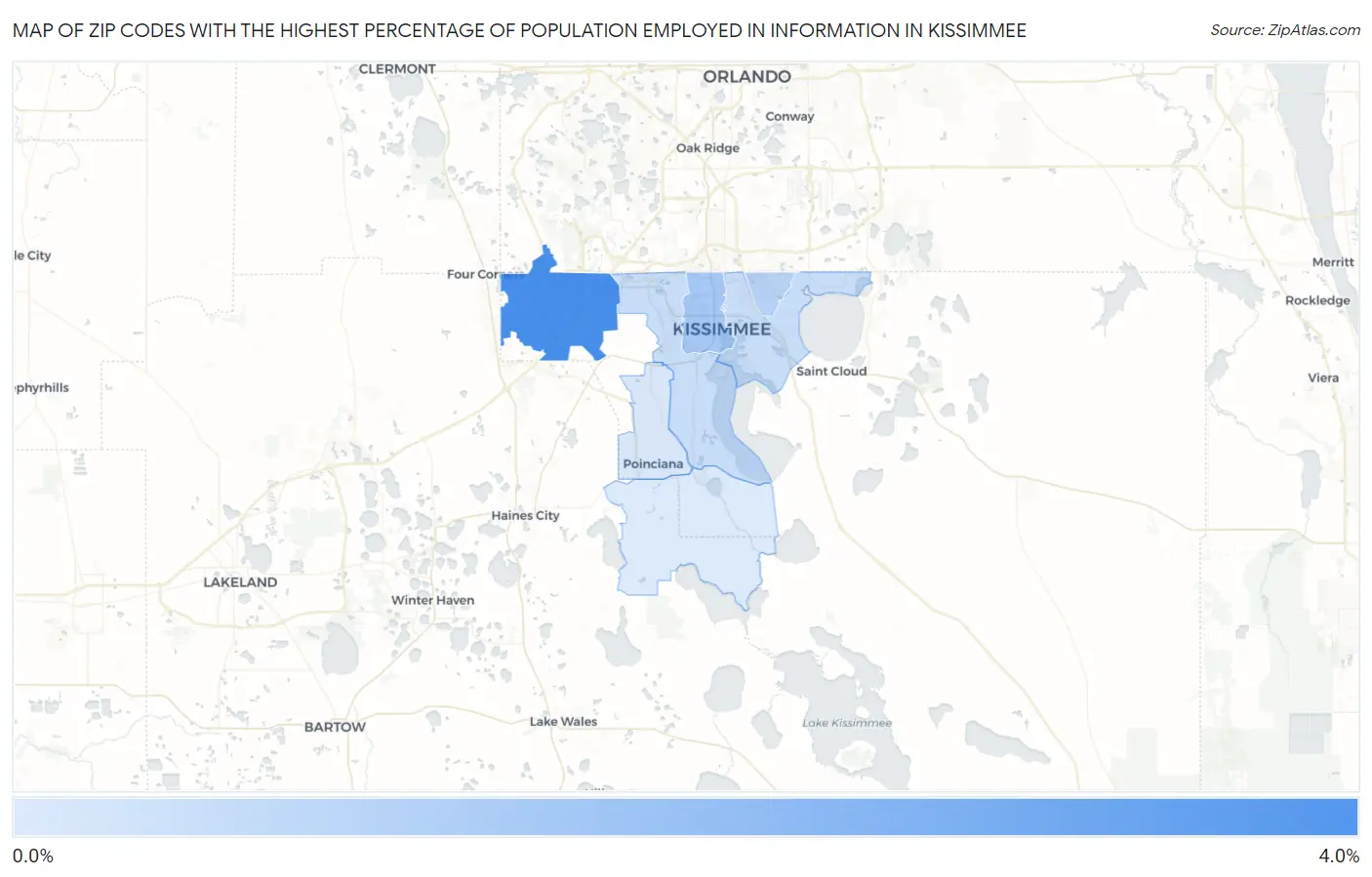 Zip Codes with the Highest Percentage of Population Employed in Information in Kissimmee Map