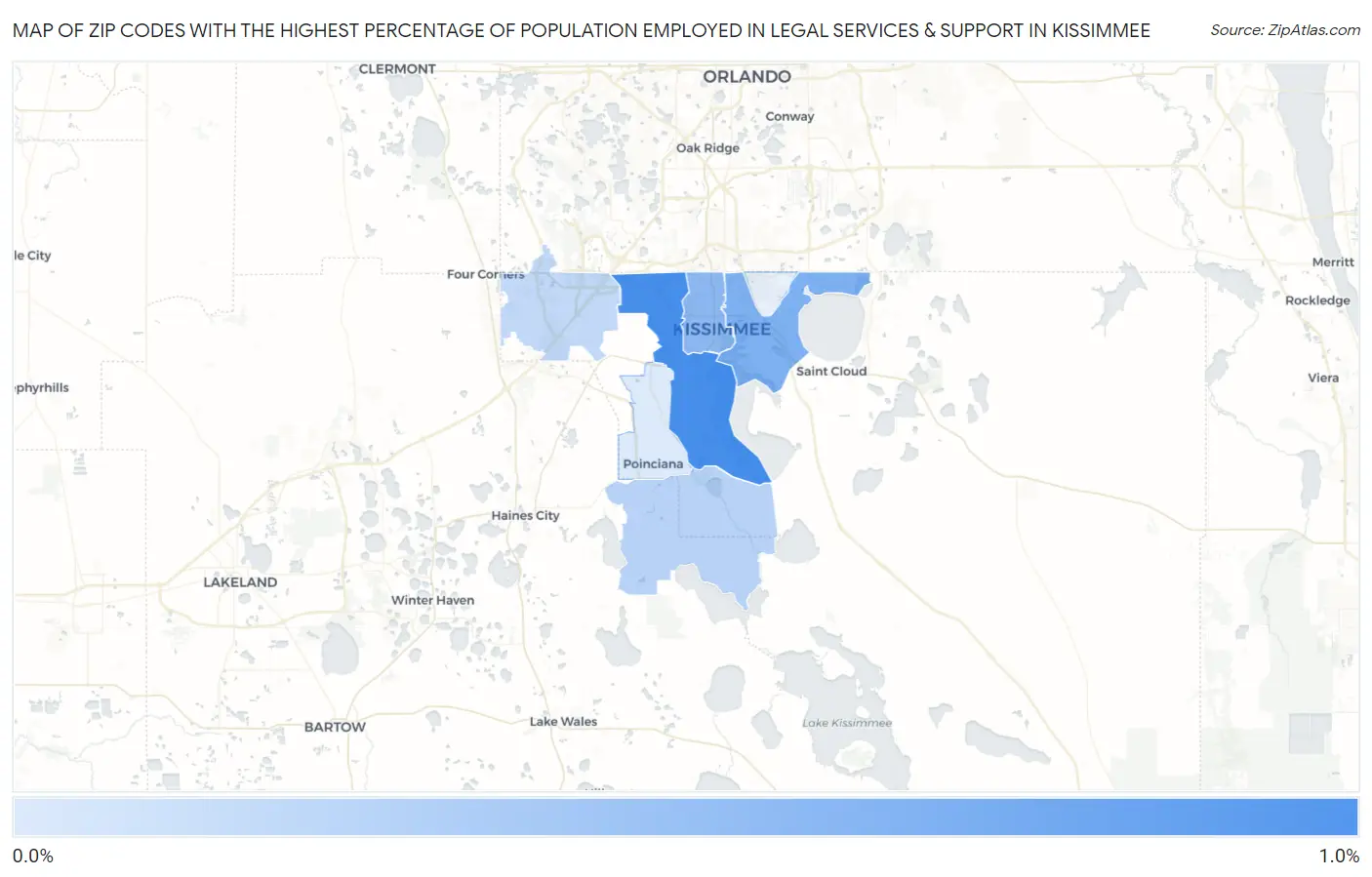 Zip Codes with the Highest Percentage of Population Employed in Legal Services & Support in Kissimmee Map