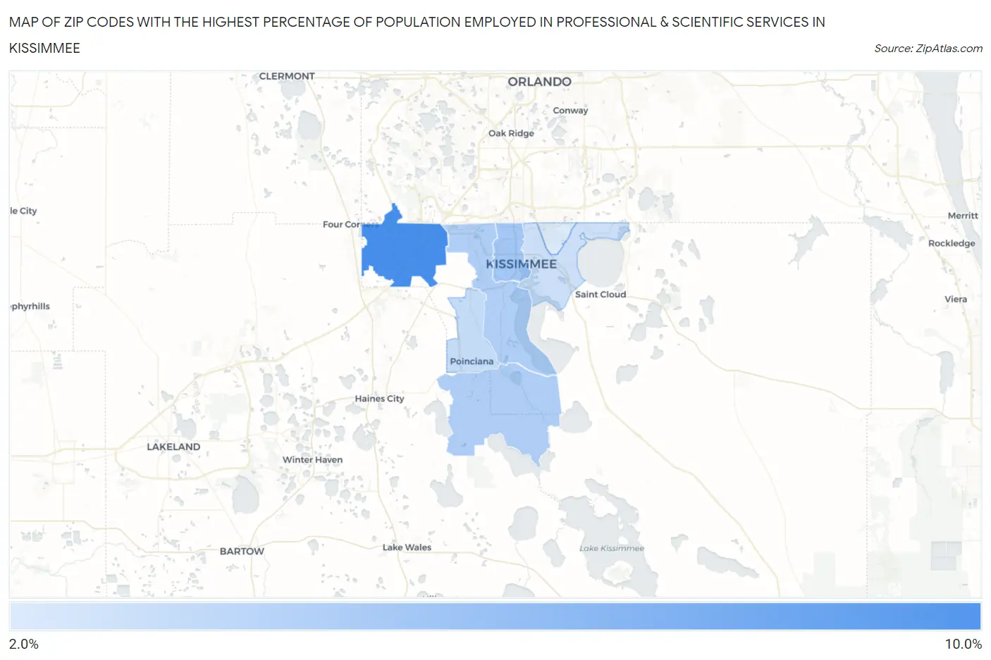 Zip Codes with the Highest Percentage of Population Employed in Professional & Scientific Services in Kissimmee Map
