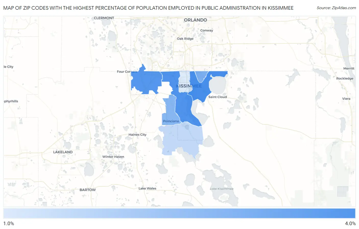 Zip Codes with the Highest Percentage of Population Employed in Public Administration in Kissimmee Map