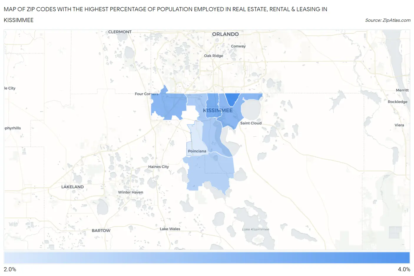Zip Codes with the Highest Percentage of Population Employed in Real Estate, Rental & Leasing in Kissimmee Map